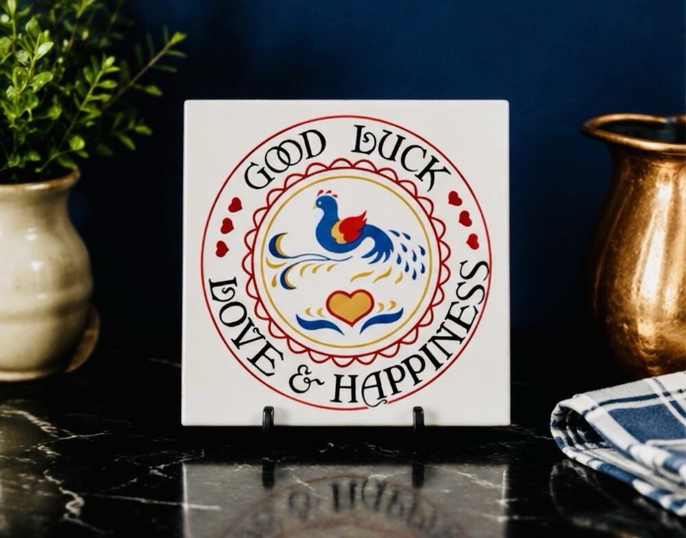 Vintage Jacob Zook Hex Tile Trivet Good Luck Love Happiness Folk Wall Art 6”